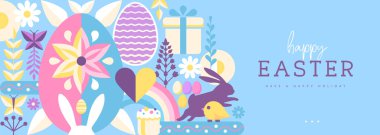 Paskalya tatili posteri ya da tavşan, Paskalya yumurtası, söğüt dalı ve çiçekli pankart. Vektör illüstrasyonu