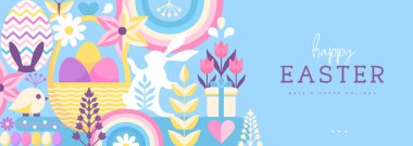 Paskalya tatili posteri ya da tavşan, Paskalya yumurtası, söğüt dalı ve çiçekli pankart. Vektör illüstrasyonu