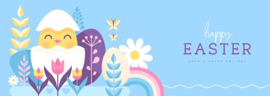 Paskalya yumurtası, gökkuşağı, tavuk ve çiçekli bayram afişi. Vektör illüstrasyonu