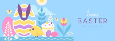 Paskalya tatili posteri ya da tavşan, Paskalya yumurtası, söğüt dalı, tavuk ve çiçekli pankart. Vektör illüstrasyonu