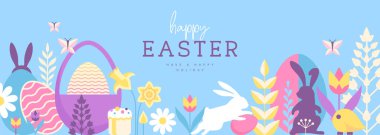 Paskalya tatili posteri ya da tavşan, Paskalya yumurtası, söğüt dalı, tavuk ve çiçekli pankart. Vektör illüstrasyonu