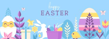 Paskalya tatili posteri ya da tavşan, Paskalya yumurtası, söğüt dalı, tavuk ve çiçekli pankart. Vektör illüstrasyonu