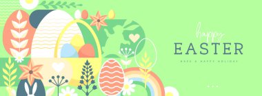 Paskalya tatili posteri ya da tavşan, Paskalya yumurtası, söğüt dalı ve çiçekli pankart. Vektör illüstrasyonu