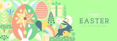 Paskalya tatili posteri ya da tavşan, Paskalya yumurtası, söğüt dalı ve çiçekli pankart. Vektör illüstrasyonu