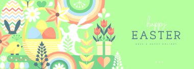 Paskalya tatili posteri ya da tavşan, Paskalya yumurtası, söğüt dalı ve çiçekli pankart. Vektör illüstrasyonu