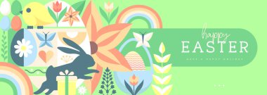 Paskalya tatili posteri ya da tavşan, Paskalya yumurtası, söğüt dalı ve çiçekli pankart. Vektör illüstrasyonu