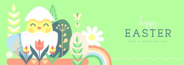 Paskalya yumurtası, gökkuşağı, tavuk ve çiçekli bayram afişi. Vektör illüstrasyonu