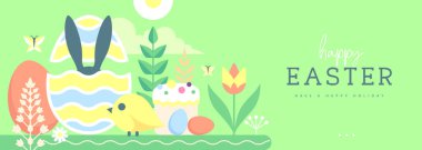 Paskalya tatili posteri ya da tavşan, Paskalya yumurtası, söğüt dalı, tavuk ve çiçekli pankart. Vektör illüstrasyonu