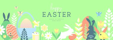 Paskalya tatili posteri ya da tavşan, Paskalya yumurtası, söğüt dalı, tavuk ve çiçekli pankart. Vektör illüstrasyonu