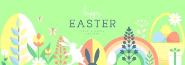 Paskalya tatili posteri ya da tavşan, Paskalya yumurtası, söğüt dalı ve çiçekli pankart. Vektör illüstrasyonu