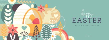 Paskalya tatili posteri ya da tavşan, Paskalya yumurtası, söğüt dalı ve çiçekli pankart. Vektör illüstrasyonu