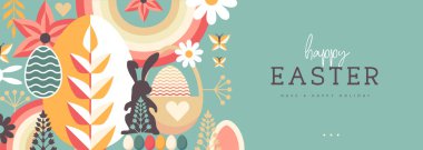 Paskalya tatili posteri ya da tavşan, Paskalya yumurtası, söğüt dalı ve çiçekli pankart. Vektör illüstrasyonu