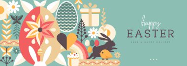 Paskalya tatili posteri ya da tavşan, Paskalya yumurtası, söğüt dalı ve çiçekli pankart. Vektör illüstrasyonu