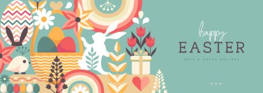 Paskalya tatili posteri ya da tavşan, Paskalya yumurtası, söğüt dalı ve çiçekli pankart. Vektör illüstrasyonu