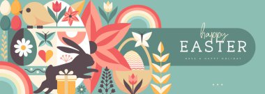 Paskalya tatili posteri ya da tavşan, Paskalya yumurtası, söğüt dalı ve çiçekli pankart. Vektör illüstrasyonu