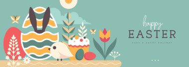 Paskalya tatili posteri ya da tavşan, Paskalya yumurtası, söğüt dalı, tavuk ve çiçekli pankart. Vektör illüstrasyonu