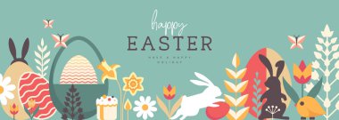 Paskalya tatili posteri ya da tavşan, Paskalya yumurtası, söğüt dalı, tavuk ve çiçekli pankart. Vektör illüstrasyonu