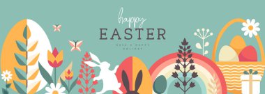 Paskalya tatili posteri ya da tavşan, Paskalya yumurtası, söğüt dalı ve çiçekli pankart. Vektör illüstrasyonu