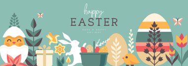 Paskalya tatili posteri ya da tavşan, Paskalya yumurtası, söğüt dalı, tavuk ve çiçekli pankart. Vektör illüstrasyonu