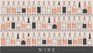 Çeşitli şarap şişeleriyle kusursuz desen. Şarap vitrininin arka planı. Restoran menüsü tasarımı. Vektör illüstrasyonu