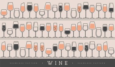 Çeşitli şarap kadehleriyle kusursuz desen. Şarap vitrininin arka planı. Restoran menüsü tasarımı. Vektör illüstrasyonu