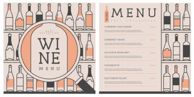 Restoran şarap menüsü tasarımı ve çeşitli şarap şişeleri. Çizgi sanatı modern vektör illüstrasyonu