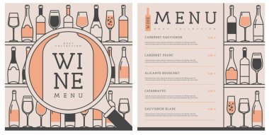 Restoran şarap menüsü tasarımında çeşitli şarap kadehleri ve şişeler var. Çizgi sanatı modern vektör illüstrasyonu
