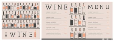 Restoran şarap menüsü tasarımı ve çeşitli şarap şişeleri. Çizgi sanatı modern vektör illüstrasyonu