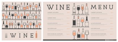 Restoran şarap menüsü tasarımında çeşitli şarap kadehleri ve şişeler var. Çizgi sanatı modern vektör illüstrasyonu