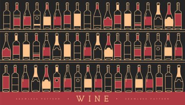 Çeşitli şarap şişeleriyle kusursuz desen. Şarap vitrininin arka planı. Restoran menüsü tasarımı. Vektör illüstrasyonu