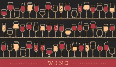 Çeşitli şarap kadehleriyle kusursuz desen. Şarap vitrininin arka planı. Restoran menüsü tasarımı. Vektör illüstrasyonu