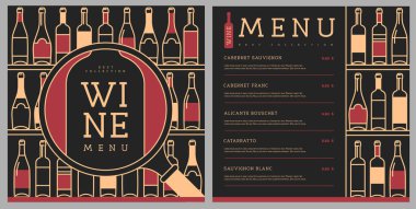 Restoran şarap menüsü tasarımı ve çeşitli şarap şişeleri. Çizgi sanatı modern vektör illüstrasyonu