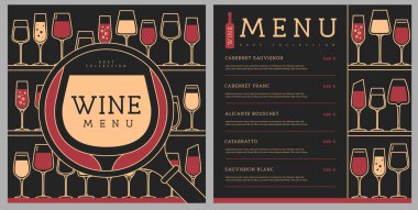 Restoran şarap menüsü tasarımı ve çeşitli şarap kadehleri. Çizgi sanatı modern vektör illüstrasyonu