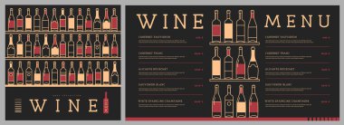 Restoran şarap menüsü tasarımı ve çeşitli şarap şişeleri. Çizgi sanatı modern vektör illüstrasyonu