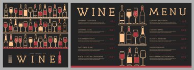 Restoran şarap menüsü tasarımında çeşitli şarap kadehleri ve şişeler var. Çizgi sanatı modern vektör illüstrasyonu