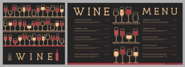 Restoran şarap menüsü tasarımı ve çeşitli şarap kadehleri. Çizgi sanatı modern vektör illüstrasyonu