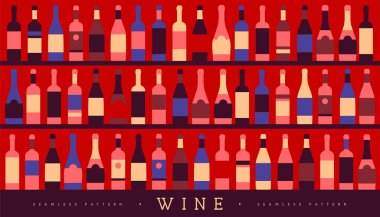 Çeşitli şarap şişeleriyle kusursuz desen. Şarap vitrininin arka planı. Restoran menüsü tasarımı. Vektör illüstrasyonu