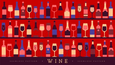 Çeşitli şarap kadehleri ve şişelerle kusursuz desen. Şarap vitrininin arka planı. Restoran menüsü tasarımı. Vektör illüstrasyonu