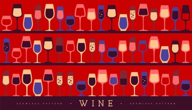 Çeşitli şarap kadehleriyle kusursuz desen. Şarap vitrininin arka planı. Restoran menüsü tasarımı. Vektör illüstrasyonu