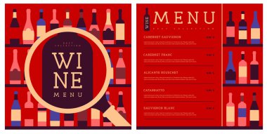Restoran şarap menüsü tasarımı ve çeşitli şarap şişeleri. Şarap arka planı. Vektör illüstrasyonu