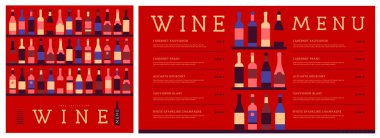 Restoran şarap menüsü tasarımı ve çeşitli şarap şişeleri. Şarap arka planı. Vektör illüstrasyonu