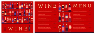 Restoran şarap menüsü tasarımında çeşitli şarap kadehleri ve şişeler var. Şarap arka planı. Vektör illüstrasyonu