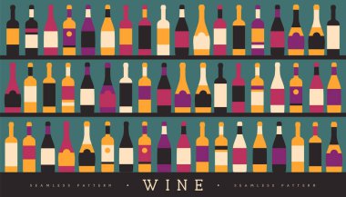 Çeşitli şarap şişeleriyle kusursuz desen. Şarap vitrininin arka planı. Restoran menüsü tasarımı. Vektör illüstrasyonu