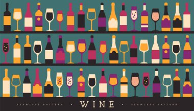 Çeşitli şarap kadehleri ve şişelerle kusursuz desen. Şarap vitrininin arka planı. Restoran menüsü tasarımı. Vektör illüstrasyonu