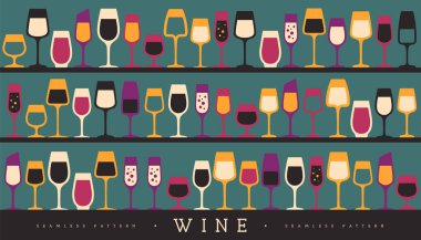 Çeşitli şarap kadehleriyle kusursuz desen. Şarap vitrininin arka planı. Restoran menüsü tasarımı. Vektör illüstrasyonu