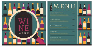 Restoran şarap menüsü tasarımı ve çeşitli şarap şişeleri. Şarap arka planı. Vektör illüstrasyonu