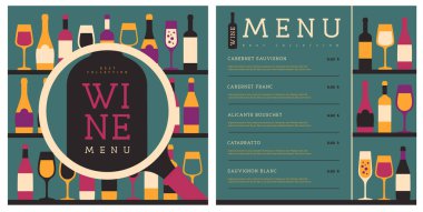 Restoran şarap menüsü tasarımında çeşitli şarap kadehleri ve şişeler var. Şarap arka planı. Vektör illüstrasyonu