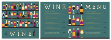 Restoran şarap menüsü tasarımında çeşitli şarap kadehleri ve şişeler var. Şarap arka planı. Vektör illüstrasyonu