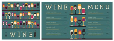 Restoran şarap menüsü tasarımı ve çeşitli şarap kadehleri. Şarap arka planı. Vektör illüstrasyonu