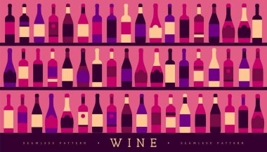 Çeşitli şarap şişeleriyle kusursuz desen. Şarap vitrininin arka planı. Restoran menüsü tasarımı. Vektör illüstrasyonu